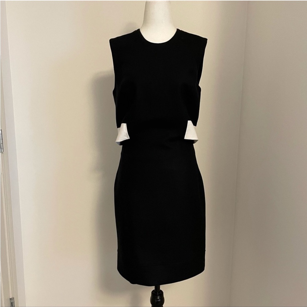 Helmut Lang Black Wool Blend 1 Pc Front 2 Pc Back Leather Trim Flex Dress